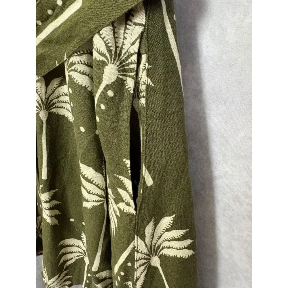 Tahari Olive Green Linen Blend Palm Tree Print Belted Shirt Dress Large NWT